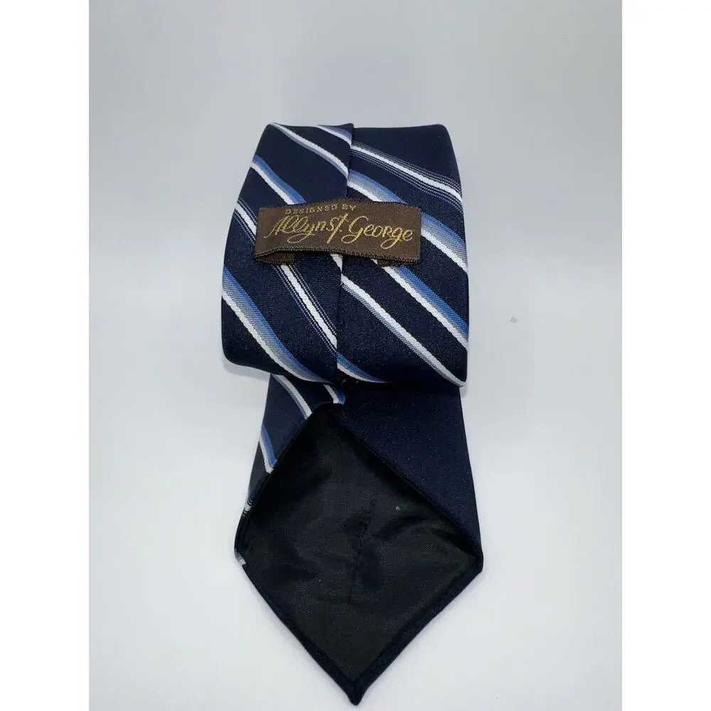 Allyn St George Tie Striped Navy Blue White Gray‎ Classic Polyester Necktie